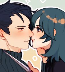 Rule 34 | 1boy, 1girl, black hair, blue eyes, blue hair, brown eyes, byleth (female) (fire emblem), byleth (fire emblem), close-up, closed mouth, commentary, couple, dagger, eva smith, eye contact, felix hugo fraldarius, fire emblem, fire emblem: three houses, from side, hair between eyes, hetero, holding, holding weapon, imminent kiss, knife, lips, long hair, long sleeves, looking at another, nintendo, parted lips, shirt, simple background, smile, sweater, symbol-only commentary, turtleneck, weapon