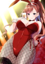 Rule 34 | 1girl, animal ears, arisugawa natsuha, azuma yuki, bare shoulders, black eyes, bow, bowtie, breasts, card, commentary request, detached collar, dutch angle, earrings, fake animal ears, fishnet pantyhose, fishnets, high ponytail, idolmaster, idolmaster shiny colors, jewelry, large breasts, leotard, long hair, looking at viewer, looking down, nail polish, pantyhose, playboy bunny, rabbit ears, rabbit tail, red hair, red leotard, red nails, solo, strapless, strapless leotard, tail, thigh strap, wing collar, wrist cuffs