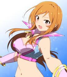 1girl bare_shoulders belt blue_background blush bracelet breasts brown_hair cleavage cropped_shirt dot_nose elbow_gloves floating_hair flying_sweatdrops gloves gold_bracelet gradient_background idolmaster idolmaster_million_live! idolmaster_million_live!_theater_days jewelry kidachi large_breasts long_hair looking_at_viewer midriff million_dreams_(idolmaster) momose_rio multiple_bracelets navel necklace open_mouth outstretched_arms pink_belt pink_eyes pink_gloves shirt simple_background sleeveless sleeveless_shirt smile solo sparkle sweat two-tone_shirt upper_body