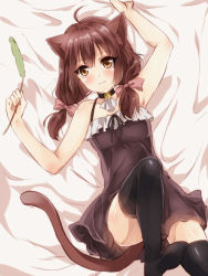 Rule 34 | 1girl, ahoge, animal ears, bell, black thighhighs, blush, bow, brown eyes, brown hair, camisole, cat ears, cat tail, cattail, collar, hair bow, knee up, long hair, lying, maruki (punchiki), neck bell, no shoes, on back, original, plant, solo, tail, thighhighs