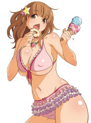 Rule 34 | 10s, 1girl, 9aki, bikini, breasts, brown hair, chestnut mouth, cowboy shot, doughnut, covered erect nipples, food, frilled bikini, frills, front-tie top, hair ornament, holding, ice cream, ice cream cone, idolmaster, idolmaster cinderella girls, large breasts, long hair, moroboshi kirari, navel, open mouth, simple background, solo, star (symbol), star hair ornament, swimsuit, white background