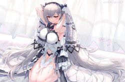 Rule 34 | 1girl, absurdres, arms behind head, artist name, azur lane, black choker, black sailor collar, blush, breasts, choker, commentary request, dated, dress, fallen-leaves, formidable (azur lane), formidable (timeless classics) (azur lane), hair between eyes, highres, large breasts, long hair, looking away, midriff, official alternate costume, on bed, red eyes, sailor collar, silver hair, sitting, smile, solo, twintails, veil, very long hair, white dress