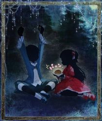 Rule 34 | 1boy, 1girl, arms up, black hair, black skin, blue footwear, blue jacket, bread, chikasui ume, colored skin, dress, flower, food, forest, full body, hair flower, hair ornament, highres, holding, jacket, john (shadows house), kate (shadows house), long hair, long sleeves, nature, night, outdoors, pants, red dress, red flower, red footwear, red rose, rose, shadow (shadows house), shadows house, shoes, short hair, sitting, socks, two side up, white socks