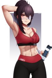 Rule 34 | 1girl, abs, absurdres, arm up, beidou (genshin impact), black hair, black pants, bottle, bra, breasts, brown eyes, cleavage, closed mouth, collarbone, cowboy shot, eyepatch, genshin impact, hand in own hair, high ponytail, highres, holding, holding bottle, large breasts, long hair, makeup, mascara, midriff, navel, pants, print bra, red bra, smile, solo, sports bra, sportswear, standing, stomach, the atko, underwear