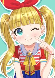 Rule 34 | 1girl, blonde hair, blush, bracelet, commentary, finger to cheek, flat chest, green background, green eyes, hair ribbon, hand up, highres, idolmaster, idolmaster cinderella girls, jewelry, long hair, looking at viewer, mary cochran, one eye closed, red ribbon, red shirt, ribbon, shirt, short sleeves, smile, solo, star ornament, twintails, upper body, wgm oekaki, yellow ribbon