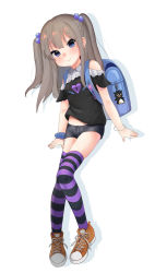 Rule 34 | 1girl, backpack, bad id, bad pixiv id, bag, black shirt, black shorts, blue bag, blue eyes, brown hair, crime prevention buzzer, full body, hair bobbles, hair ornament, highres, legs, long hair, original, purple thighhighs, randoseru, scrunchie, shirt, shoes, short shorts, shorts, simple background, smile, sneakers, solo, striped clothes, striped thighhighs, takio (kani sama), thighhighs, two side up, white background, wrist scrunchie
