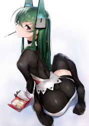 Rule 34 | 1girl, arched back, ass, black thighhighs, bodysuit, borrowed character, fingerless gloves, from above, from behind, gloves, green hair, headgear, highres, kneeling, long hair, looking at viewer, looking back, looking up, menou kaname (taishi), mouth hold, original, purple eyes, shorts, simple background, solo, taishi (picchiridou), thighhighs