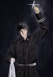 Rule 34 | 1boy, arm up, bag, black coat, black eyes, black hair, boxcutter, buraiden gai, buttons, closed mouth, coat, commentary, cowboy shot, dated commentary, expressionless, fr1sky, glint, highres, holding, holding bag, holding boxcutter, kudou gai, long sleeves, looking to the side, male focus, military uniform, plastic bag, pocket, rain, scar, scar across eye, shirt, short bangs, short hair, solo, uniform, very short hair