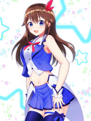 Rule 34 | 1girl, :d, armpit peek, arms at sides, bare arms, bare shoulders, blouse, blue eyes, blue ribbon, blue skirt, blue thighhighs, blue vest, bow, bowtie, breasts, brown hair, buttons, collared shirt, contrapposto, cowboy shot, crop top, hair between eyes, hair bow, hair flaps, hair ornament, hololive, leg ribbon, long hair, looking at viewer, medium breasts, midriff, mikannsisyou, miniskirt, navel, open clothes, open mouth, open vest, pleated skirt, red bow, red bowtie, ribbon, shirt, sidelocks, simple background, skirt, sleeveless, sleeveless shirt, smile, solo, standing, star (symbol), star hair ornament, starry background, thigh ribbon, thighhighs, tokino sora, tokino sora (1st costume), vest, virtual youtuber, waist cape, white background, white shirt, wing collar, wrist cuffs, zettai ryouiki