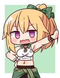 Rule 34 | 1girl, armpits, bare shoulders, black shorts, blonde hair, blush, bow, chibi, chloe (princess connect!), chloe (school festival) (princess connect!), clothes around waist, collared shirt, crop top, empty eyes, green background, green bow, green jacket, hair between eyes, hair bow, hana kazari, hand on own hip, high ponytail, highres, jacket, jacket around waist, looking at viewer, midriff, navel, open mouth, outstretched arm, ponytail, princess connect!, purple eyes, shirt, shorts, sleeveless, sleeveless shirt, solo, two-tone background, v-shaped eyebrows, wavy mouth, white background, white shirt