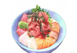 Rule 34 | absurdres, aon968, bowl, commentary, donburi, fish (food), food, food focus, highres, kaisendon, no humans, original, painting (medium), realistic, sashimi, simple background, still life, traditional media, watercolor (medium), white background