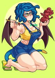 Rule 34 | 1girl, blue hair, blue overalls, cottonwings, glasses, green eyes, muscular, muscular female, overalls, paintbrush, sandals, sculpture, shirt, shorts, snake hair, solo, tail, thick thighs, thighs, wings, yellow shirt