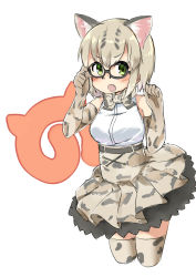 Rule 34 | &gt;:o, 10s, 1girl, :o, adjusting eyewear, animal ears, animal print, bare shoulders, black-framed eyewear, blonde hair, bow, bowtie, cat ears, commentary request, cropped legs, elbow gloves, fang, glasses, gloves, green eyes, highres, japari symbol, kemono friends, looking at viewer, margay (kemono friends), margay ears, open mouth, sekira ame, short hair, simple background, sleeveless, solo, tail, v-shaped eyebrows, white background