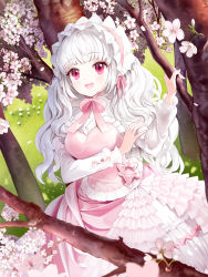 Rule 34 | 1girl, :d, blouse, bow, cherry blossoms, cowboy shot, dress, frilled hairband, frills, hairband, hinare (hinare777), long hair, looking at viewer, open mouth, original, pink bow, pink dress, pink eyes, pink hairband, shirt, smile, solo, tree, white hair, white shirt