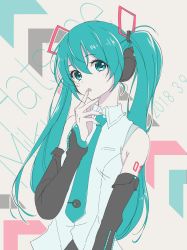 Rule 34 | 1girl, :o, absurdres, aqua eyes, aqua hair, aqua necktie, black sleeves, character name, collared shirt, commentary, dated, detached sleeves, finger to mouth, grey shirt, hair ornament, hatsune miku, head tilt, headphones, headset, highres, inumoto, long hair, looking at viewer, necktie, open mouth, shirt, sleeveless, sleeveless shirt, solo, standing, translation request, twintails, upper body, very long hair, vocaloid, wing collar