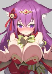 Rule 34 | 1girl, against glass, animal ear fluff, animal ears, areola slip, azur lane, bell, blush, bow, bowtie, breast press, breasts, breasts on glass, cat ears, commentary, grey background, hair ornament, large breasts, long hair, nose blush, paw print, purple eyes, purple hair, simple background, solo, supershiruco, symbol-only commentary, twitter username, urakaze (azur lane), urakaze (seasonal shogun) (azur lane), wavy mouth