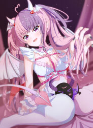 Rule 34 | 1girl, absurdres, ahoge, asymmetrical legwear, bell, belt, between thighs, black nails, breasts, bubi (ironmouse), chest belt, choker, demon horns, demon tail, demon wings, dress, fang, hair ornament, head wings, heart, heart ahoge, heart hair ornament, highres, horns, ironmouse, ironmouse (demon form), jingle bell, large breasts, long hair, looking at viewer, low wings, multicolored hair, multiple wings, nail polish, o-ring, o-ring choker, open mouth, pink belt, pink choker, pink hair, pink skirt, pink thighhighs, purple eyes, purple hair, skin fang, skirt, smile, streaked hair, surisuririsu, tail, thighhighs, twintails, virtual youtuber, vshojo, white dress, white thighhighs, white wrist cuffs, wings, wrist cuffs