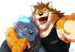 Rule 34 | 2boys, animal ears, arashi takemoto, arm around shoulder, bara, barrel (live a hero), black shirt, black tank top, claws, clenched hand, commentary request, dog boy, dog ears, fangs, fiery hair, furlong (live a hero), furry, furry male, highres, hyena boy, hyena ears, live a hero, looking at viewer, male focus, multiple boys, one eye closed, open mouth, selfie, shirt, signature, smile, sweat, tank top, upper body, very sweaty, white background, yellow eyes