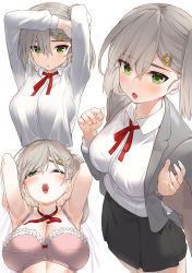 Rule 34 | 1girl, black skirt, blazer, blush, bra, breasts, closed mouth, commentary request, green eyes, grey hair, hair between eyes, hair ornament, hairclip, highres, jacket, kfr, large breasts, long sleeves, looking at viewer, multiple views, neck ribbon, one eye closed, open mouth, original, red neckwear, ribbon, shirt, shirt tucked in, skirt, underwear, white background, white shirt