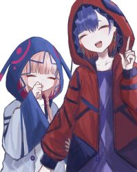 Rule 34 | 2girls, asymmetrical bangs, blue dress, blue hair, blue jacket, braid, closed eyes, collarbone, colored inner hair, commentary request, covering own mouth, diamond earrings, dress, earrings, hair over shoulder, hand over own mouth, hand up, head tilt, highres, holding another&#039;s arm, hood, hood up, hooded jacket, index finger raised, jacket, jewelry, kaf (kamitsubaki studio), kamitsubaki studio, laughing, long hair, long sleeves, multicolored clothes, multicolored hair, multicolored jacket, multiple girls, open mouth, pink hair, puffy long sleeves, puffy sleeves, raised eyebrows, red hair, red jacket, ria (rian 0210), rim (kamitsubaki studio), short hair, side braid, simple background, smile, upper body, virtual youtuber, white background, white dress, white jacket, wide sleeves