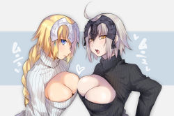 Rule 34 | 2girls, ahoge, areola slip, asymmetrical docking, blonde hair, blue eyes, blush, braid, breast press, breasts, cleavage, cleavage cutout, clothing cutout, danimaru, fate/grand order, fate (series), headpiece, highres, jeanne d&#039;arc (fate), jeanne d&#039;arc (ruler) (fate), jeanne d&#039;arc alter (avenger) (fate), jeanne d&#039;arc alter (fate), large breasts, long braid, long hair, looking at viewer, meme attire, multiple girls, open-chest sweater, open mouth, pale skin, parted lips, platinum blonde hair, ribbed sweater, short hair, single braid, sweatdrop, sweater, turtleneck, turtleneck sweater, very long hair, yellow eyes