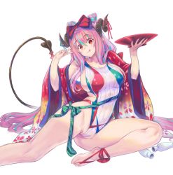 Rule 34 | 1girl, blue hair, breasts, commentary request, cup, demon girl, demon horns, demon tail, floral print, gradient kimono, highleg, highleg swimsuit, highres, horns, japanese clothes, kimono, kiyama satoshi, large breasts, long hair, looking at viewer, multicolored clothes, multicolored hair, multicolored swimsuit, nakajima pepero, one-piece swimsuit, original, pink hair, pointy ears, red eyes, red kimono, red ribbon, ribbed swimsuit, ribbon, sakazuki, saucer, sideboob, simple background, sitting, solo, streaked hair, swimsuit, tail, tokkuri, v, virtual youtuber, white background, white one-piece swimsuit, yokozuwari