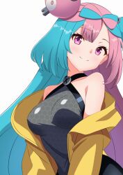 Rule 34 | 1girl, absurdres, bow-shaped hair, breasts, character hair ornament, closed mouth, creatures (company), game freak, gen 1 pokemon, hair ornament, highres, iono (pokemon), jacket, long hair, looking at viewer, multicolored hair, nintendo, oversized clothes, pink hair, pokemon, pokemon sv, pon tanuki (ga7fsrge9jxblaw), shirt, sleeveless, smile, two-tone hair, upper body, yellow jacket