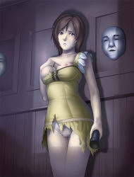 Rule 34 | blush, breasts, brown hair, cameltoe, censored, fatal frame, highres, large breasts, nipples, panties, pussy juice, short hair, tears, thor (deep rising), torn clothes, underwear