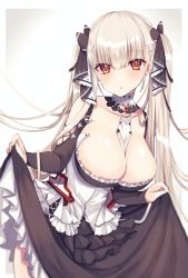 Rule 34 | 1girl, azur lane, between breasts, black dress, blush, breasts, cleavage, dress, formidable (azur lane), frilled dress, frills, grey hair, highres, holding, holding clothes, holding dress, holding skirt, large breasts, long hair, long sleeves, looking at viewer, red eyes, ribbon, rigging, skirt, solo, twintails, two-tone dress, two-tone ribbon, very long hair