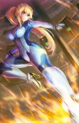 Rule 34 | 1girl, blonde hair, blue eyes, bodysuit, breasts, covered navel, curvy, female focus, freeze-ex, high heels, impossible clothes, kicking, large breasts, long hair, metroid, nintendo, parted lips, ponytail, samus aran, skin tight, solo, super smash bros., wide hips, zero suit