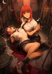 Rule 34 | 2girls, @ @, absurdres, black necktie, black skirt, black socks, blood, blood trail, chainsaw man, defeat, feathers, highres, holding hands, horror (theme), khyle., kneeling, light smile, looking at viewer, makima (chainsaw man), missing limb, multiple girls, necktie, nosebleed, notes, partially unbuttoned, planted, polearm, red hair, reze (chainsaw man), rolling eyes, severed limb, shoes, skirt, smile, sneakers, socks, spear, trash can, umbrella, unbuttoned, weapon, yellow eyes