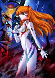 Rule 34 | 1girl, artist request, blue eyes, bodysuit, breasts, brown hair, eva 02, evangelion: 3.0+1.0 thrice upon a time, eyepatch, floating hair, from behind, highres, long hair, looking away, looking to the side, mecha, medium breasts, neon genesis evangelion, plugsuit, rebuild of evangelion, robot, sadamoto yoshiyuki (style), shiny clothes, smile, solo, souryuu asuka langley, standing, thighs, twintails