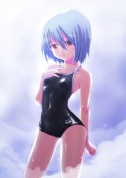 Rule 34 | 1girl, absurdres, arena (company), blue hair, competition school swimsuit, hand on own chest, highres, one-piece swimsuit, original, red eyes, school swimsuit, short hair, solo, swimsuit, tennouji masamichi, wet