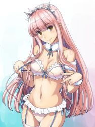 Rule 34 | 1girl, aono shimo, bad id, bad twitter id, bare shoulders, blue bow, blunt bangs, blush, bow, bow bra, bra, breasts, brown eyes, choker, cleavage, closed mouth, collarbone, eyebrows, fate/grand order, fate (series), garter straps, hair ornament, head tilt, lace, lace-trimmed panties, lace bra, lace trim, lingerie, long hair, looking at viewer, medb (fate), navel, panties, pink bra, pink hair, pink legwear, pink panties, ribbon choker, sidelocks, smile, solo, underwear, undressing, wrist cuffs
