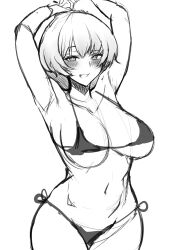 Rule 34 | + +, 1girl, absurdres, arca.live, armpits, arms up, bare shoulders, bikini, blush, breasts, cleavage, collarbone, cowboy shot, earrings, gloves, gluteal fold, goddess of victory: nikke, greyscale, grin, hands on own hips, highres, jewelry, large breasts, liliweiss (nikke), looking at viewer, midriff, mirumur, monochrome, navel, short hair, side-tie bikini bottom, simple background, sketch, smile, solo, standing, star-shaped pupils, star (symbol), string bikini, swimsuit, symbol-shaped pupils, underboob, white background, wide hips