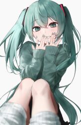 Rule 34 | 1girl, alternate costume, aqua eyes, aqua hair, aqua nails, blush, green sweater, grin, halhalhalchan, covering own mouth, hatsune miku, highres, knees up, leg warmers, simple background, smile, solo, sweater, vocaloid, white background