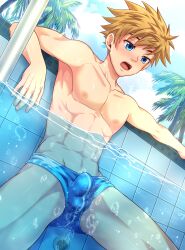 Rule 34 | 1boy, absurdres, blonde hair, blue eyes, blue male swimwear, blue sky, blush, bubble, bulge, connor bleufin, cowboy shot, dutch angle, highres, in water, male focus, male swimwear, mikkoukun, nipples, open mouth, original, outdoors, palm tree, partially submerged, partially underwater shot, pool, sky, solo, teeth, tree, underwater, upper teeth only, water