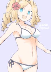 Rule 34 | 1girl, akara kai, bikini, blonde hair, blue eyes, breasts, cleavage, cowboy shot, dated, drill hair, flower, hair flower, hair ornament, hibiscus, highres, honolulu (kancolle), kantai collection, looking at viewer, medium breasts, open mouth, red flower, smile, solo, swimsuit, twintails, twitter username, underboob, white bikini