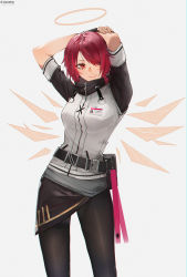 Rule 34 | 1girl, absurdres, angel, arknights, black gloves, closed mouth, energy wings, exusiai (arknights), female focus, fingerless gloves, gloves, hair over one eye, halo, hands up, highres, id card, jacket, looking at viewer, lufi ays, pantyhose, raglan sleeves, red eyes, red hair, short hair, simple background, solo, standing, watermark, white background, white jacket