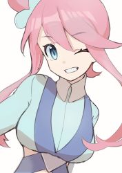 Rule 34 | 1girl, absurdres, blue eyes, blue jacket, breasts, creatures (company), cropped jacket, game freak, hair ornament, highres, jacket, large breasts, looking at viewer, nintendo, one eye closed, one side up, pilot, pokemon, pokemon bw, red hair, short hair with long locks, sidelocks, skyla (pokemon), smile, solo, souji touban, teeth, turtleneck, white background