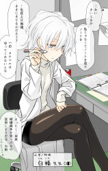 Rule 34 | 1girl, chair, cigarette, crossed legs, highres, holding, holding cigarette, jacket, korean text, long sleeves, original, oteruko (wanabeee), pantyhose, parted lips, pencil skirt, shirt, sitting, skirt, smoking, solo, speech bubble
