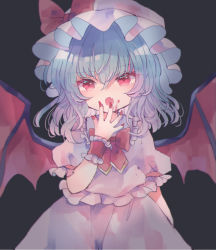 Rule 34 | 1girl, bat wings, black background, blood, blood on face, blue hair, bow, fang, fingernails, hand up, hat, hat bow, hiyuu (hiyualice), long fingernails, looking at viewer, medium hair, mob cap, nail polish, open mouth, pink hat, pink shirt, pink skirt, red bow, red eyes, red nails, red neckwear, remilia scarlet, shirt, short sleeves, simple background, skirt, solo, touhou, wings, wrist cuffs