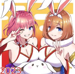 Rule 34 | 2023, animal ears, bare shoulders, blue eyes, blunt bangs, breast press, breasts, bright pupils, brown hair, chinese zodiac, cleavage, closed mouth, collarbone, commentary, dated, detached sleeves, enpera, eyelashes, eyes visible through hair, fake animal ears, go-toubun no hanayome, grin, hairband, hand on own wrist, hand up, happy, happy new year, highres, hyoe (hachiechi), large breasts, light blush, long hair, looking at viewer, medium hair, nail polish, nakano miku, nakano nino, new year, one eye closed, pink hair, rabbit, rabbit ears, red nails, scarf, siblings, simple background, sisters, skindentation, smile, symmetrical docking, teeth, twins, two side up, upper body, v, v over eye, white fur, white hairband, white pupils, wide sleeves, year of the rabbit