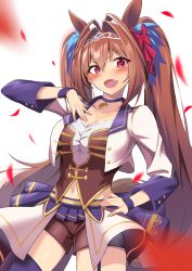 Rule 34 | 1girl, :o, animal ears, blush, breasts, brown hair, brown shorts, choker, cleavage, collarbone, commentary request, corset, daiwa scarlet (umamusume), fang, hair intakes, hand on own chest, horse ears, horse girl, horse tail, jacket, large breasts, long hair, looking at viewer, mizumok1, navel, petals, purple choker, purple thighhighs, red corset, red eyes, shirt, shorts, solo, starting future (umamusume), tail, thighhighs, umamusume, very long hair, waist cape, white jacket, white shirt
