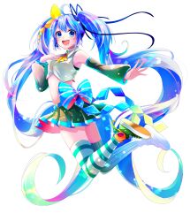 Rule 34 | 1girl, :d, absurdly long hair, asymmetrical footwear, asymmetrical legwear, black skirt, blue eyes, blue hair, crop top, detached sleeves, green footwear, hand on own chest, hatsune miku, highres, long hair, looking at viewer, open mouth, pleated skirt, shirayuki towa, skirt, smile, solo, striped clothes, striped thighhighs, thighhighs, twintails, very long hair, vocaloid, white background, white footwear, zettai ryouiki