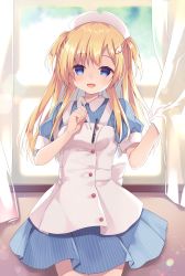 Rule 34 | 1girl, :d, apron, blonde hair, blue dress, blue eyes, blurry, blurry background, breasts, collared dress, commentary request, curtains, day, depth of field, dress, hat, highres, holding, indoors, long hair, looking at viewer, nurse, nurse cap, open mouth, original, parted bangs, pleated dress, purinpurin, small breasts, smile, solo, striped clothes, striped dress, sunlight, thermometer, two side up, vertical-striped clothes, vertical-striped dress, white apron, white hat, window, wing hair ornament