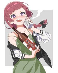 Rule 34 | 1girl, @ @, alcohol, black bow, black jacket, black nails, blunt bangs, bocchi the rock!, bottle, bow, braid, dress, green dress, hair bow, highres, hiroi kikuri, holding, holding bottle, holding carton, jacket, long hair, long sleeves, looking at viewer, multicolored clothes, multicolored jacket, nail polish, oda ya ka, open clothes, open jacket, open mouth, purple eyes, purple hair, sake, single braid, smile, solo, two-tone jacket, white jacket