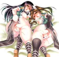Rule 34 | 10s, 2girls, aftersex, ass, asymmetrical legwear, black gloves, black hair, black socks, blush, breasts, breasts out, breath, brown hair, chikuma (kancolle), convenient censoring, cum, cum in pussy, cum on body, cum on lower body, cumdrip, elbow gloves, full-face blush, gloves, hair between eyes, hair ribbon, half-closed eyes, kantai collection, kneehighs, long hair, looking at viewer, looking back, mabuchoco m, medium breasts, multiple girls, nipples, no panties, open mouth, pelvic curtain, ribbon, saliva, short sleeves, side slit, single elbow glove, single glove, single kneehigh, single sock, single thighhigh, smile, socks, striped clothes, striped legwear, striped socks, teeth, thighhighs, tone (kancolle), twintails, uneven legwear, white ribbon