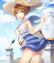Rule 34 | 1girl, asmis hara, bad id, bad pixiv id, bag, bird, brown hair, carchat, carchet, green eyes, hat, open mouth, ribbon, short hair, skirt, sleeveless, smile, solo, straw hat, sword girls, ticket