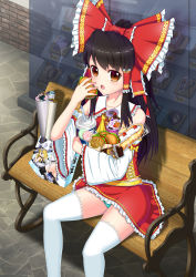 Rule 34 | 1girl, ascot, ass, bad id, bad pixiv id, bag, bench, black hair, blush, bow, bread, brown eyes, burger, candy, detached sleeves, drink, eating, embellished costume, food, french fries, frilled shirt collar, frilled skirt, frilled sleeves, frills, hair bow, hair tubes, hakurei reimu, highres, holding, holding food, kirisame marisa, kofboy, lace, lace-trimmed legwear, lace trim, lollipop, long hair, looking at viewer, miniskirt, open mouth, panties, pantyshot, paper bag, park bench, poster (object), red bow, red shirt, red skirt, shirt, sidelocks, sitting, skirt, skirt set, sleeveless, sleeveless shirt, solo, striped clothes, striped panties, thighhighs, touhou, underwear, white thighhighs, wide sleeves